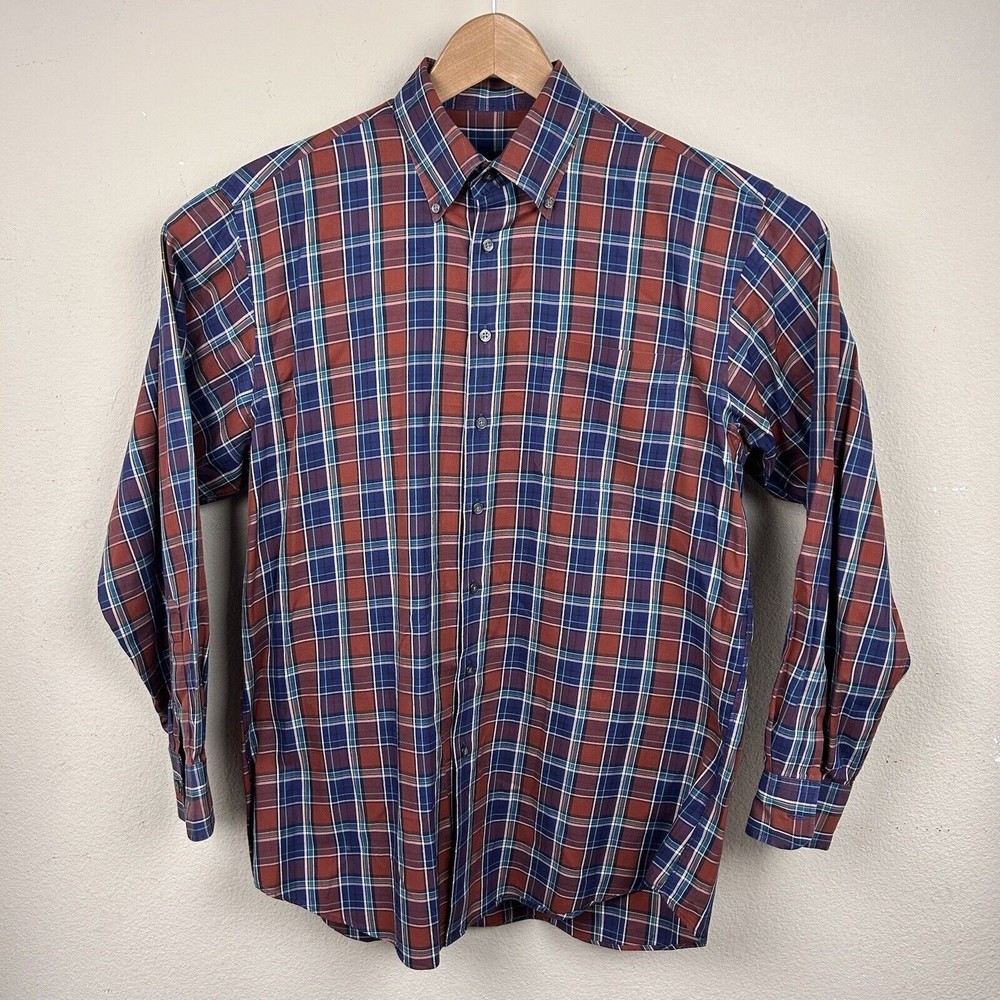 Scott Barber Men's Burgundy Navy Plaid Cotton Long Sleeve Button Down Shirt L - Picture 3 of 4